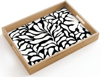 Dienblad hout 40x30 cm - Schootdienblad - Bloemen print - Zwart - Wit - Bladeren - Borrelplank rechthoek - Plateau dienbladen