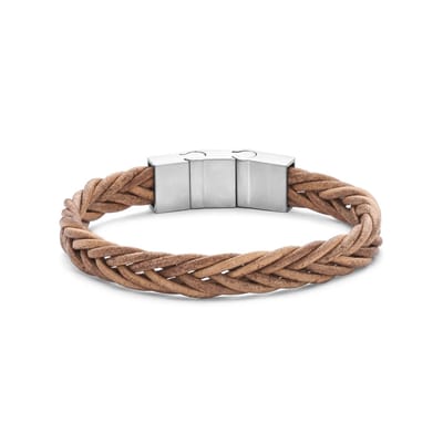 7FB-0813 – Frank 1967 – Heren Armband – Gevlochten Leren Armband – Bruin – Zilverkleurig Geborsteld