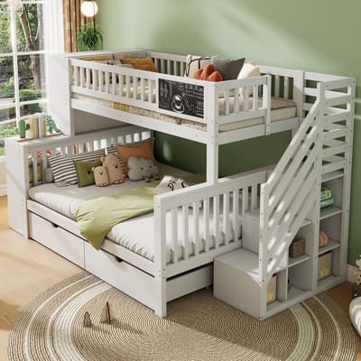 DESMIU Stapelbed 140x200cm – Multifunctioneel Kinderbed Met Tafelbord En Trapkasten – Met Opberglades Voor Speelkamer En Slaapkamer – Wit – Zonder Matras