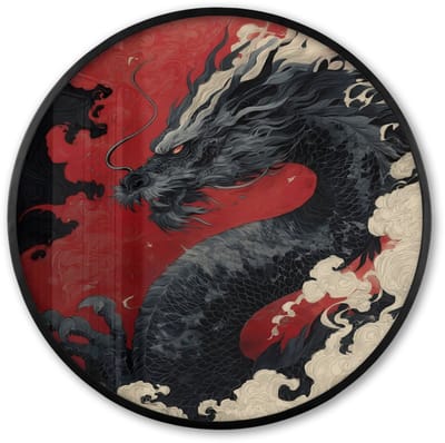 Poster in lijst Rond - Fotolijst 60x60 cm - Posters - Zwarte draak - Rookwolken - Rood - Ronde posterlijst zwart - Decoratie - Wanddecoratie woonkamer - Muurdecoratie slaapkamer