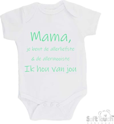 100% katoenen Romper "Mama, je bent de allerliefste & de allermooiste. Ik hou van jou" Unisex Katoen Wit/mint Maat 62/68