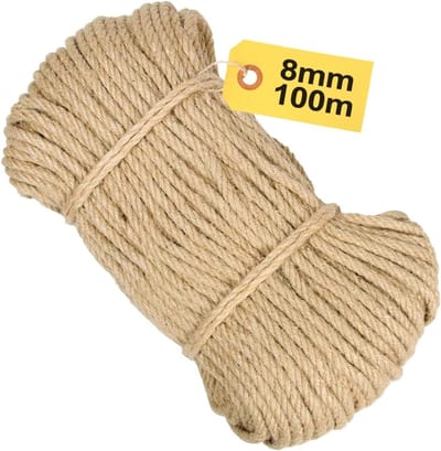 Dikke Jute Touw van 8 mm x 100 m, Sterk Natuurlijk Vezeltouw voor Knutselen, Kat Speelgoed en Decoratie, Scheurvast Alternatief voor Touw en Tape