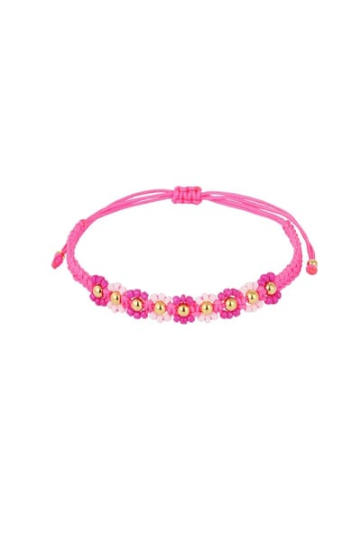 Armband - Yehwang - Gevlochten met bloemen - Fuchsia - Fel Roze - Roze - Goud - Polyester - Stainless Steel - Glas
