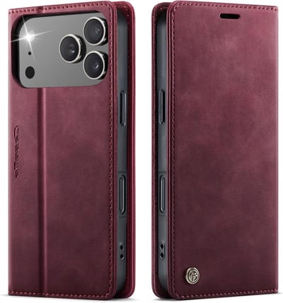 Premium PU Leren Flip Case voor iPhone 17 Pro Max, RFID Bescherming, Vouwbare Stand en Kaartvak, Wijnrood