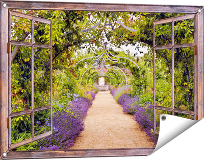 Gards Tuinposter Doorkijk Lavendel Pad - 90x60 cm - Tuindoek - Tuindecoratie - Wanddecoratie buiten - Tuinschilderij