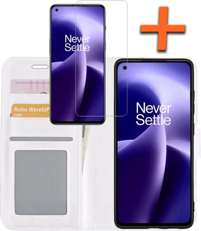 Hoes - Met Screenprotector - Geschikt voor OnePlus Nord 2T - Luxe Pasjeshouder - Bookcase Portemonee - Flip Case - Kunstleer Book Case - Flipcase - Book Cover - Walletcase - PortemonneeHoes - Wit