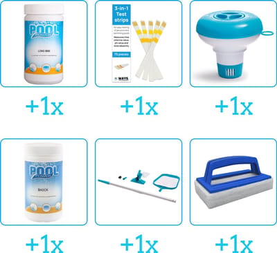 Zwembad Onderhoudspakket - Onderhoud Zwembad - bevat Chloor - Testrips - Chloordrijver - Chloor - Schoonmaakset en Scrubborstel (6-delig)