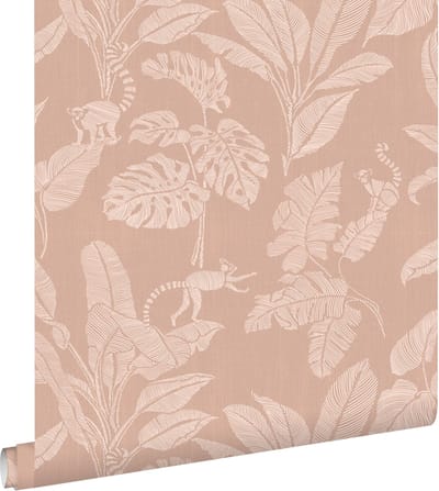 ESTAhome behang apen en jungle bladeren terracotta roze - 50 x 900 cm - 139861
