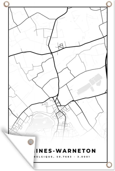 Muurdecoratie Stadskaart – Zwart Wit - Kaart – Comines Warneton – België – Plattegrond - 120x180 cm - Tuinposter - Tuindoek