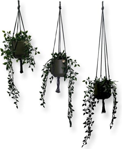 Voordeelset van 3 Plantenhangers - 80, 100 en 120 cm - Kies kleur - Donkergroen - Katoenkoord - Geschikt voor Pot met Diameter t/m 20 cm - Handgemaakt in ons Macramé Atelier - 3 Stuks - Let op: Exclusief Pot - Inclusief Verzendkosten