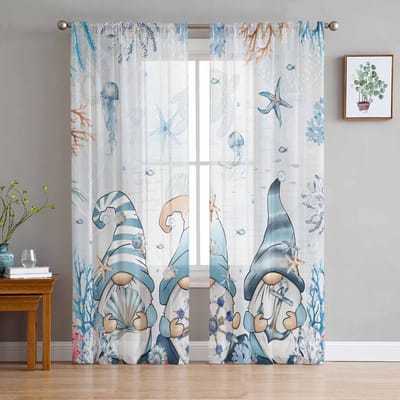 Marine Koraal Zeester Schelp Slak Dwerg Transparante Gordijnen voor Woonkamer Decoratie Raambekleding Keuken Tule Voile Gordijnen W135 x H185cm x1