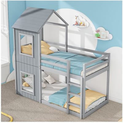 Stapelbed - MUVOE - 90x200 cm - Massief hout - Grijs - Met ladder en hemel grijs