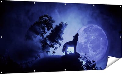 Gards Tuinposter Huilende Wolf in Silhouet bij Volle Maan - 180x90 cm - Tuindoek - Tuindecoratie - Wanddecoratie buiten - Tuinschilderij