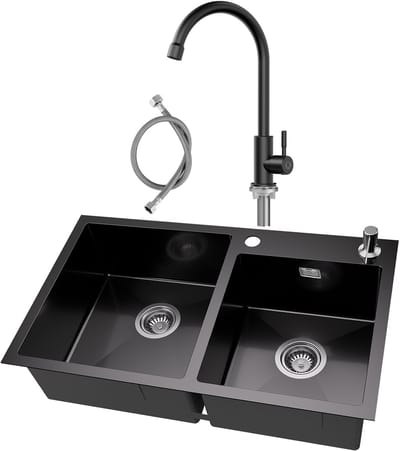 Auralum MAX Spoelbak Keuken 75x45cm Antraciet - Dubbele Spoelbakken Met Koudwater Keukenkraan - Wasbak Keuken Met zeepdispenser 300ml - Met Waterafvoersysteem en Afdruiprek