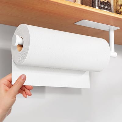 Onderkast papierrollenhouder, zelfklevend of te boren, wit, roestvrij staal SUS304, wandmontage, keukenaccessoire voor papieren handdoeken en keukenpapier