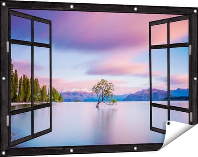Gards Tuinposter Doorkijk Wanaka Boom in het Water bij Zonsopgang - 120x80 cm - Tuindoek - Tuindecoratie - Wanddecoratie buiten - Tuinschilderij