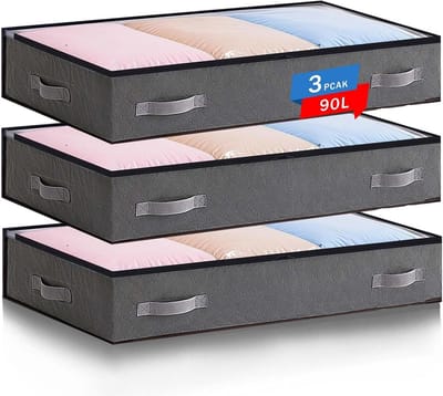 Opbergdozen voor Onderbed - Grijs - 90 Liter - Opvouwbare Opbergboxen van Duurzaam Vlies - Set van 3 Stuks