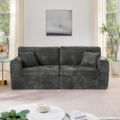 STILVORA Bank - 2-Zits Relaxbank - Met Usb, Bekerhouder En Zijvakken - Voor Woonkamer En Appartement - Chenille Zwart