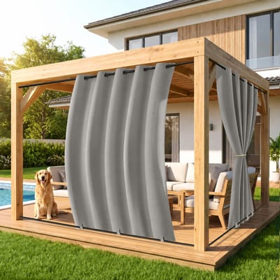 MUPOO Extra Brede Buitengordijn Waterdicht & Windbestendig met Ringen - Met Onder Bevestiging tegen Wind - Verduisterend & UV Werend - Outdoor Gordijnen voor Overkapping, Balkon & Tuin - 180x213 cm -Lichtgrijs - 1 Stuk (Rideau Extérieur Imperméable)