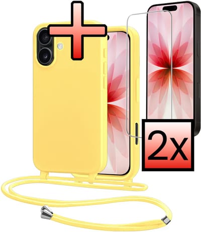 Hoes Geschikt voor iPhone 17 Met Telefoonkoord Met 2x Screenprotector - Siliconen Hoesje Backcover Met Ketting - Geel