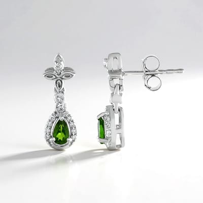 Cavill - 925 Sterling Zilver Oorbellen - Geplatineerd - 0,406 ct Russische Diopsied Peervorm - 0,202 ct Zirkonen - Luxe 18 mm