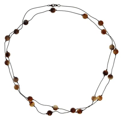 Behave Lange ketting rosé goudkleur met bruine kralen – Nikkelvrije modeketting