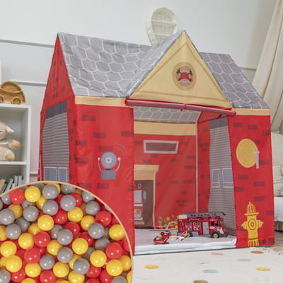 Selonis Speeltent Brandweerkazerne Met 100 Ballen Opvouwbaar Voor Kinderen Realistisch Ontwerp Duurzaam En Veilig Makkelijk Te Monteren Binnen En Buiten, Rood-Grijs:Grijs/Geel/Rood/