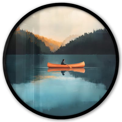 Poster in lijst Rond - Fotolijst 40x40 cm - Posters - Bossen - Meer - Kano - Oranje - Ronde posterlijst zwart - Decoratie - Wanddecoratie woonkamer - Muurdecoratie slaapkamer