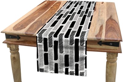 ABAKUHAUS Abstracte tafelrok – penseelstreek-strepen – 40 x 180 cm – Wit/Zwart