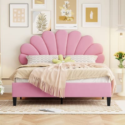 Tweepersoonsbed - 140 x 200 cm roze - fluweelstof - Bloemvormig hoofdeinde - gestoffeerd bed - voor slaapkamer - 250 kg draagkracht