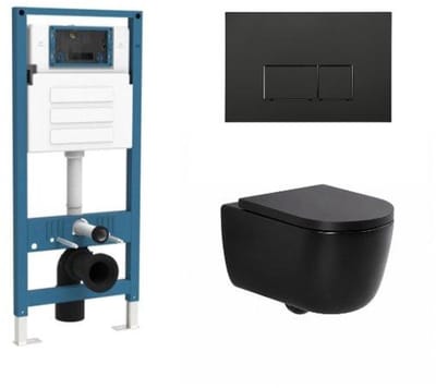 QeramiQ Dely Swirl Toiletset - inbouwreservoir Qeramiq Flush - 35mm zitting - kunststof mat zwarte bedieningsplaat - rechthoekige knoppen - mat zwart