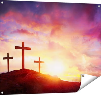 Gards Tuinposter Kruisiging van Jezus Christus - Drie Kruisen - 100x80 cm - Tuindoek - Tuindecoratie - Wanddecoratie buiten - Tuinschilderij