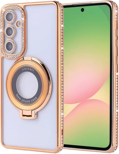 Hoesje Geschikt voor Samsung Galaxy A17 / A26 hoesje Goud - Geschikt voor Magsafe Lens beschermer ring Luxury Bling Sparkly Diamond backcover
