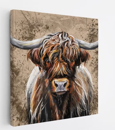 Saammp Canvas Schilderij - Schotse Hooglander Koe - Portret - Landschap - Dieren - Natuur - 20x20 - Foto op canvas - Wanddecoratie - muurdecoratie Woonkamer - Slaapkamer decoratie - Canvas Print
