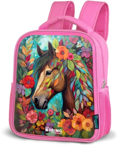 NoBoringSuitcases.com® - Rugzak roze - Schooltas meisjes - Paard - Bloemen - Bladeren - Kleurexplosie - Kinder rugtas meisje - Boekentas kind - Kinderrugzak voor school - Schoolrugzak