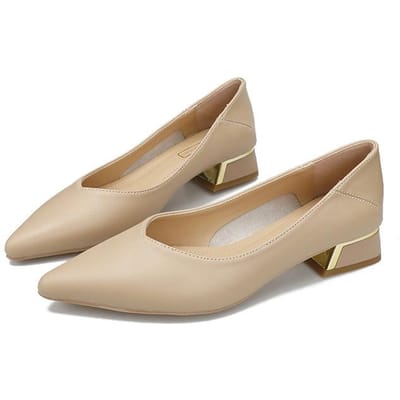 Leren Enkele Schoenen Dames Dikke Hak Lente Nieuw Middenhoge Mode Puntneus Dames Schoenen Lage Instap Erwten Schoenen 40 beige