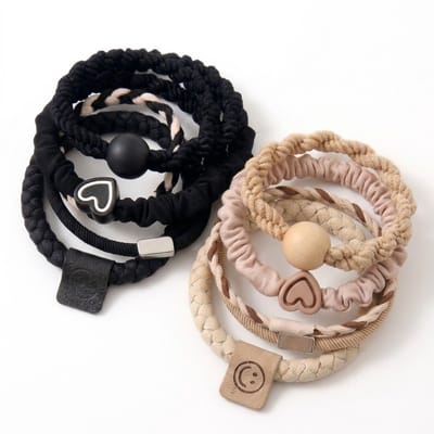 Set van 10 haar elastiekjes in zwart en khaki – mix van scrunchie, koord en gevlochten elastiekjes – elastische haar accessoires voor dames – 5 zwart + 5 khaki