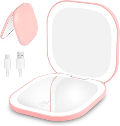 Draagbare LED Make-up Spiegeltje met Verlichting, Vouwbare Handspiegel met 1x/3x Vergroting, Oplaadbare Dubbelzijdige Spiegel in Roze met Instelbare Helderheid