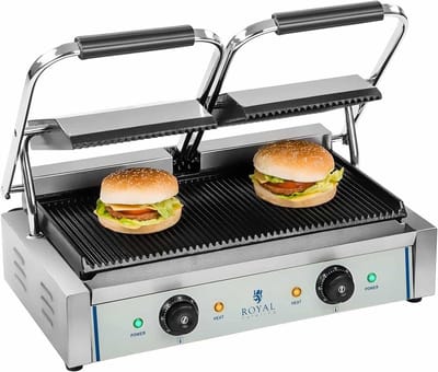 Dubbele Contactgrill - Geribbelde Grillplaat - Professioneel Koken - Dubbele Thermostaat - 37 x 56.5 x 52 cm - Zilver