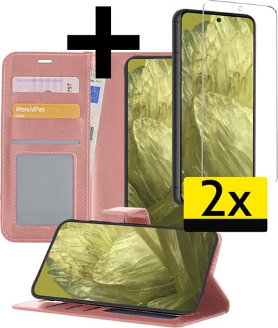 Hoesje - Met 2x Screenprotector - Geschikt voor Google Pixel 8a - Luxe Pasjeshouder - Bookcase Portemonee - Flip Case - Kunstleer Book Case - Flipcase Hoes - Book Cover - Walletcase - Portemonneehoes - Telefoonhoesjes - Rosé goud