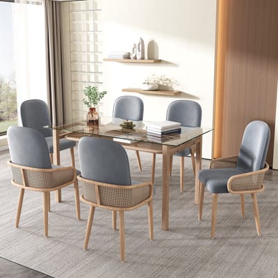 REDOM - Eetkamerstoelen Set Van 6 - Rotanlook - Modern - Voor Eethoek - Fluweel En Metaal - Grijs