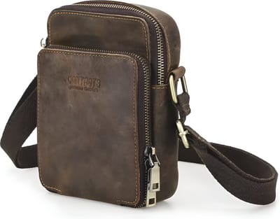 WoYoW® - Vintage Echt Lederen Schoudertas Heren - Crazy Horse Handtas Messenger Telefoonkaarten Tas- Rits - Verstelbaar - Koffie