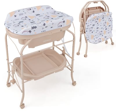 COSTWAY 4 in 1 luiertafel met badje, draagbare luiertafel met PVC deksel & afvoerbuizen, mobiel luierstation opvouwbaar met universele wielen voor baby van 0-12 maanden, belastbaar tot 35 kg (Beige)