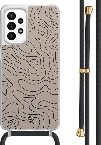 Casimoda® hoesje met zwart koord - Geschikt voor Samsung A23 - Abstract Lines - Afneembaar koord - TPU/acryl - Bruin/beige