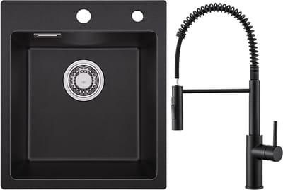 SOFETIY MAX Spoelbak Keuken Zwart 40x45CM - Graniet Spoelbakken Zwart - Enkele Spoelbak Met Keukenkraan Met Uittrekbare Uitloop - Spoelbakken Incl. Sifon en Afvoerzeefje