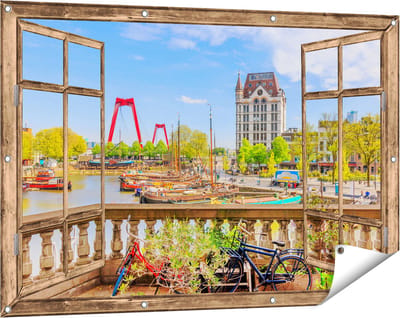 Gards Tuinposter Doorkijk Kleurrijke Oude Haven in Rotterdam - 120x80 cm - Tuindoek - Tuindecoratie - Wanddecoratie buiten - Tuinschilderij