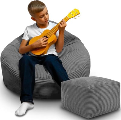 DreamRoots Zitzak voor Volwassenen & Kinderen – Corduroy Bean Bag Stoel met Voetsteun & Hoes – Inclusief Vulling – 70x70x70 cm – Frost Gray
