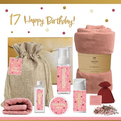 Geschenkset “17 Happy Birthday!” - 8 producten - 1210 gram - Triomf Cosmetica | Luxe Cadeaubox voor haar Wellness Pakket Meisje Giftset Party Cadeaupakket Zeventien Jarige Verjaardag Gefeliciteerd Cadeau Speciaal Feestje Gift Set Oud Roze
