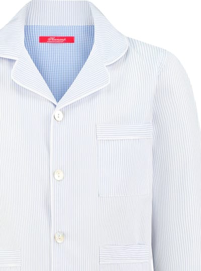 Exclusief Luxueus Kinder nachtkleding Luxe 100% katoenen zacht blauwe Klassieke Jongens Streep Pyjama van Hanssop met verfijnde randrand details en luxe parelmoer knoop verwerking, Jongens Pyjama, zacht blauw geweven katoen streep dessin, maat 116