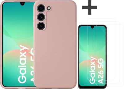 Hoesje geschikt voor Samsung Galaxy A26 hoesje zacht siliconen met 3 Stuks gehard glas Screenprotectors- Arara backcover - Licht Roze